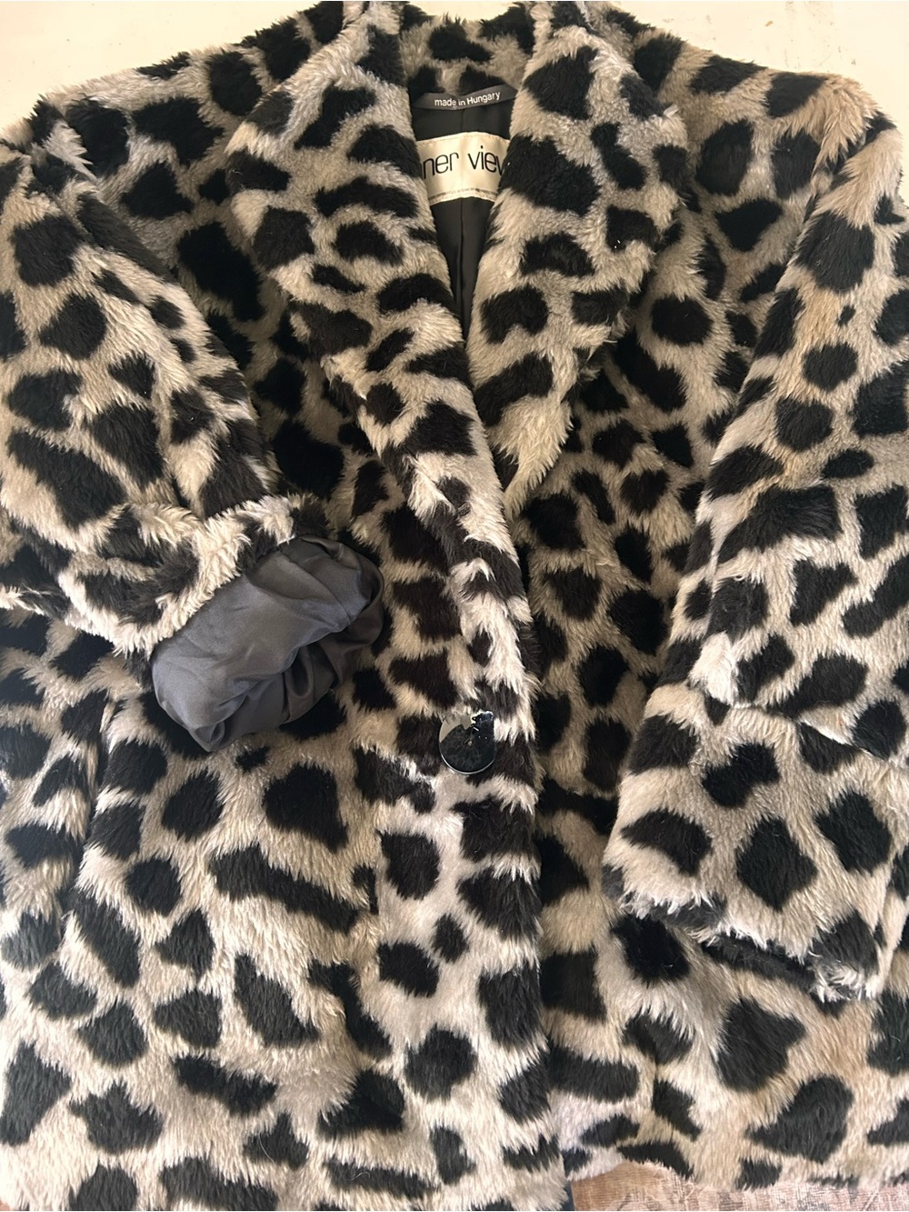 Vintage Animal Print Teddy Jacket in Black and Grey with cat on back